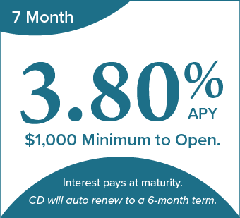 7 month CD special. 3.80% APY. CD will auto renew to a 6-month term.
